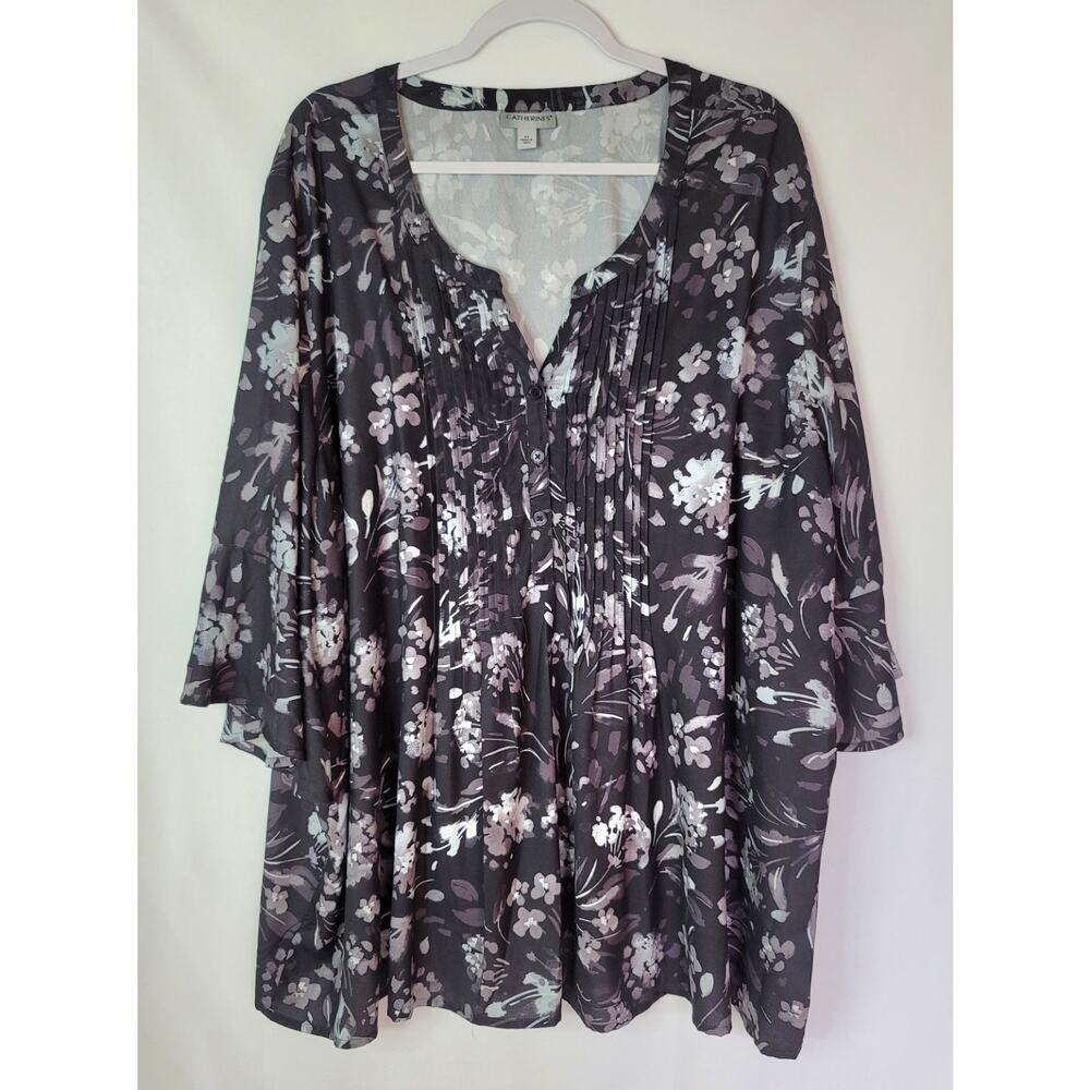 Catherines Black Gray Top Quarter Button Tuck Pleat Bodice Flared 3/4 Sleeve 4XL - Picture 2 of 8